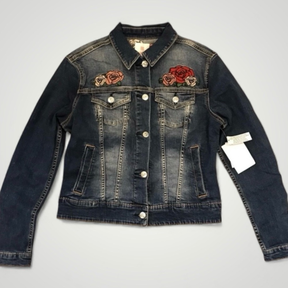 LuLaRoe Harvey Floral Embroidered Rose Denim Jacket Dark Wash NWT Medium - Picture 10 of 11